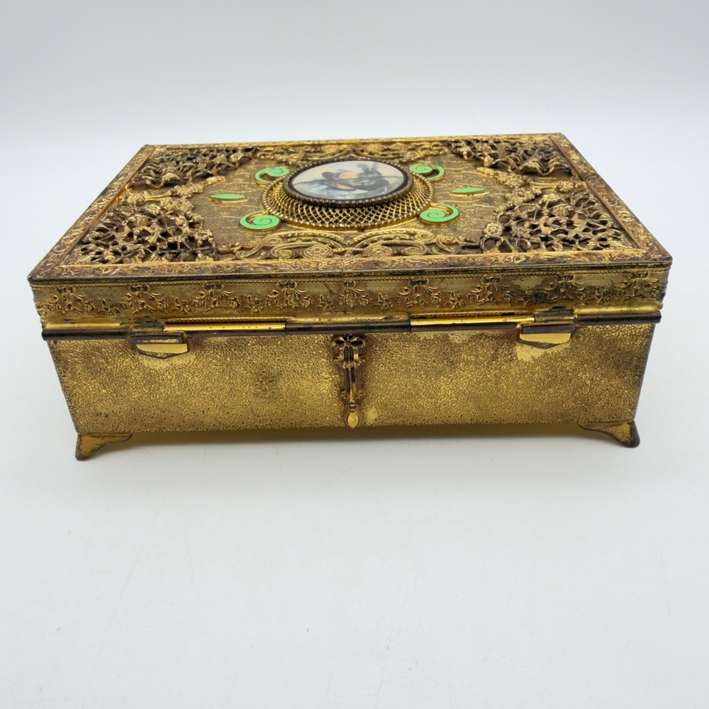 Vintage Empire Art Gold E & J B Filigree Jewelry Box Portrait Miniature Enamel - Picture 7 of 9
